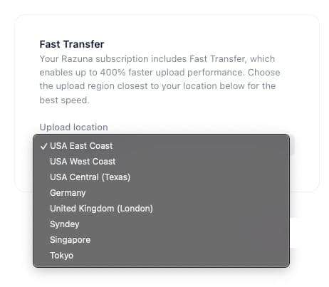 Razuna Fast Transfer Region Selection