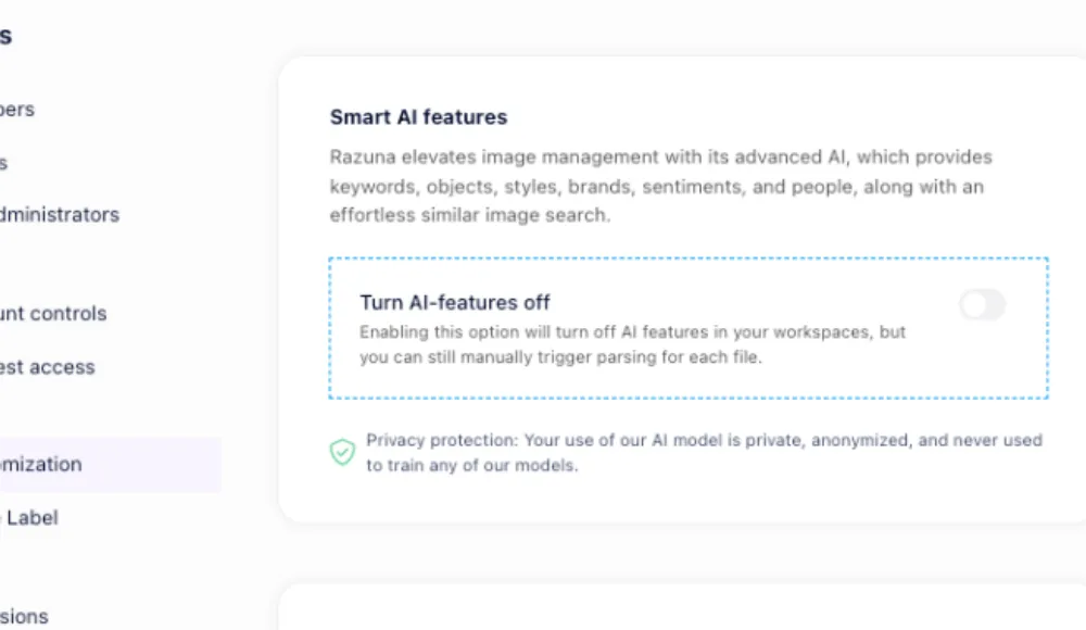 Razuna settings for enabling or disabling Smart AI features