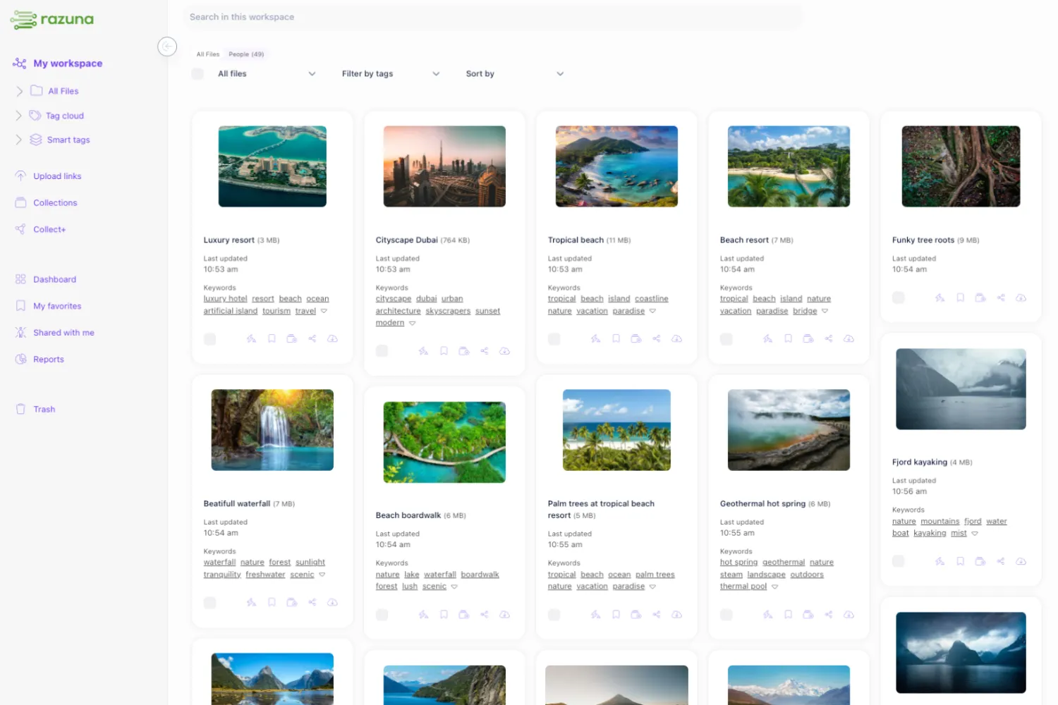 Razuna digital asset library with nested folders and a visual asset grid