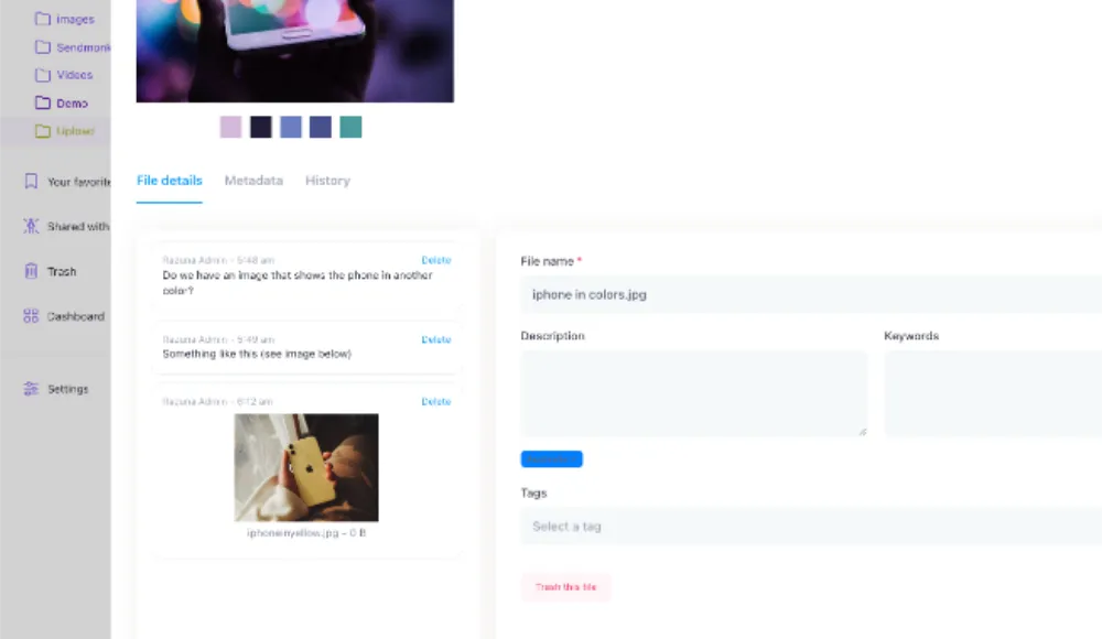 Razuna file details showing an image, its description, and tags