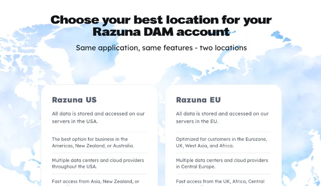 Razuna - choose between US or EU data centers for hosting your digital assets