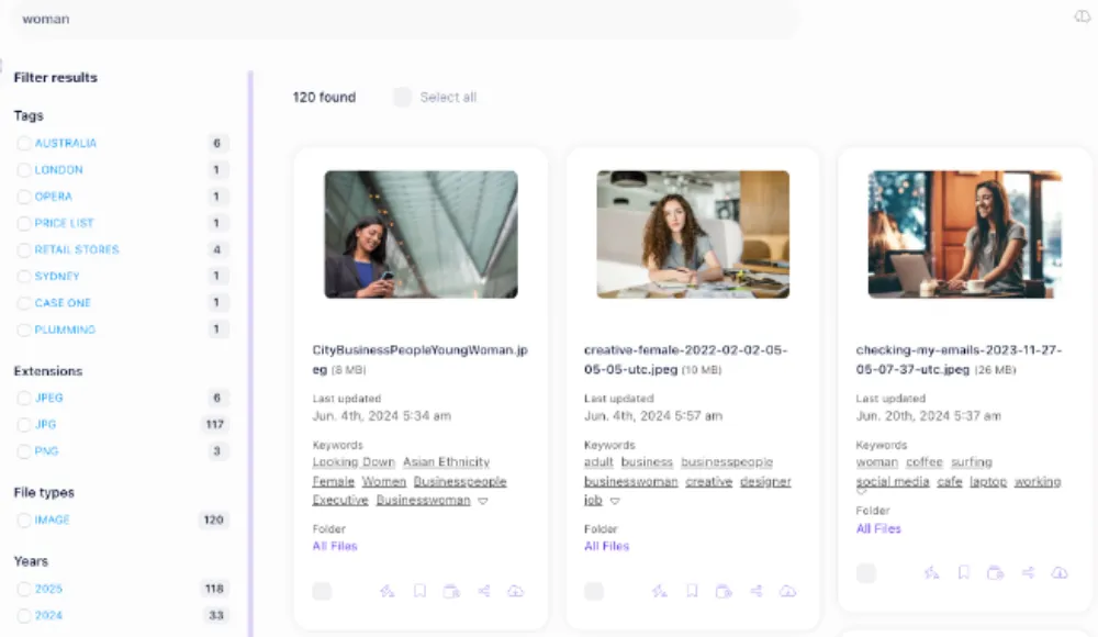 Razuna image search results with filters for refining the matches