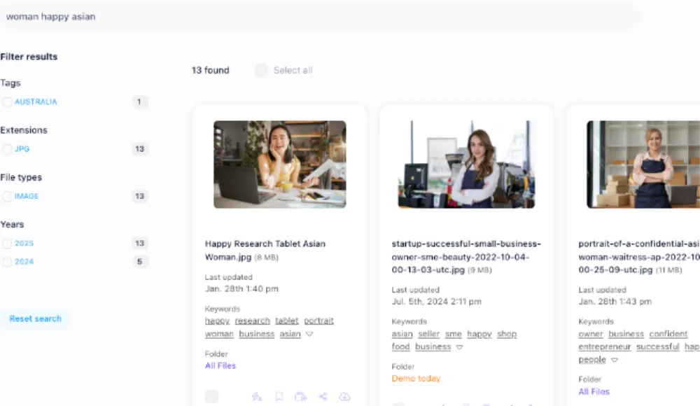 Razuna semantic search results showing images matching a descriptive query