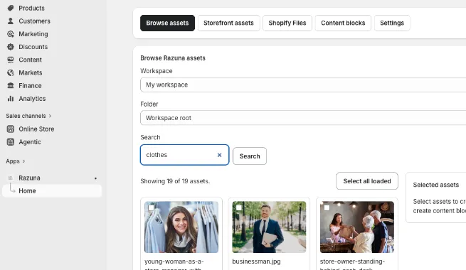 Razuna Shopify DAM app for finding approved product media