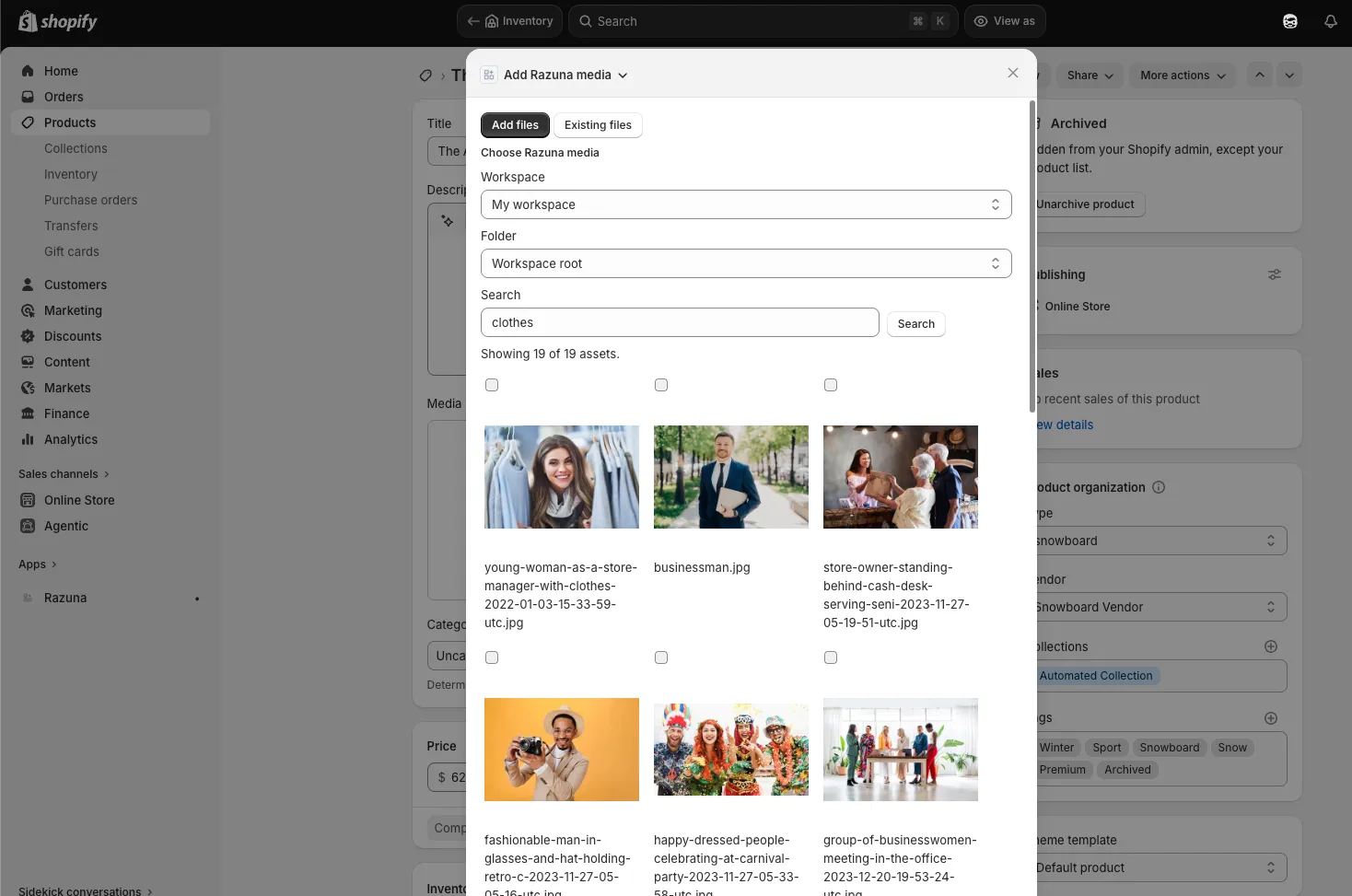 Razuna Shopify DAM app for browsing and using approved product images