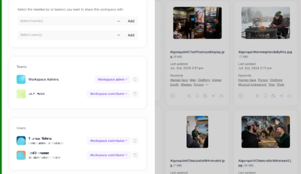 Razuna team and user selection beside a shared asset library