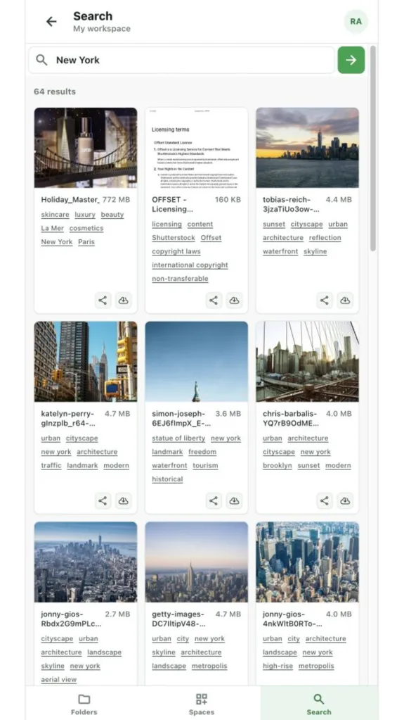 Razuna mobile app showing file search results
