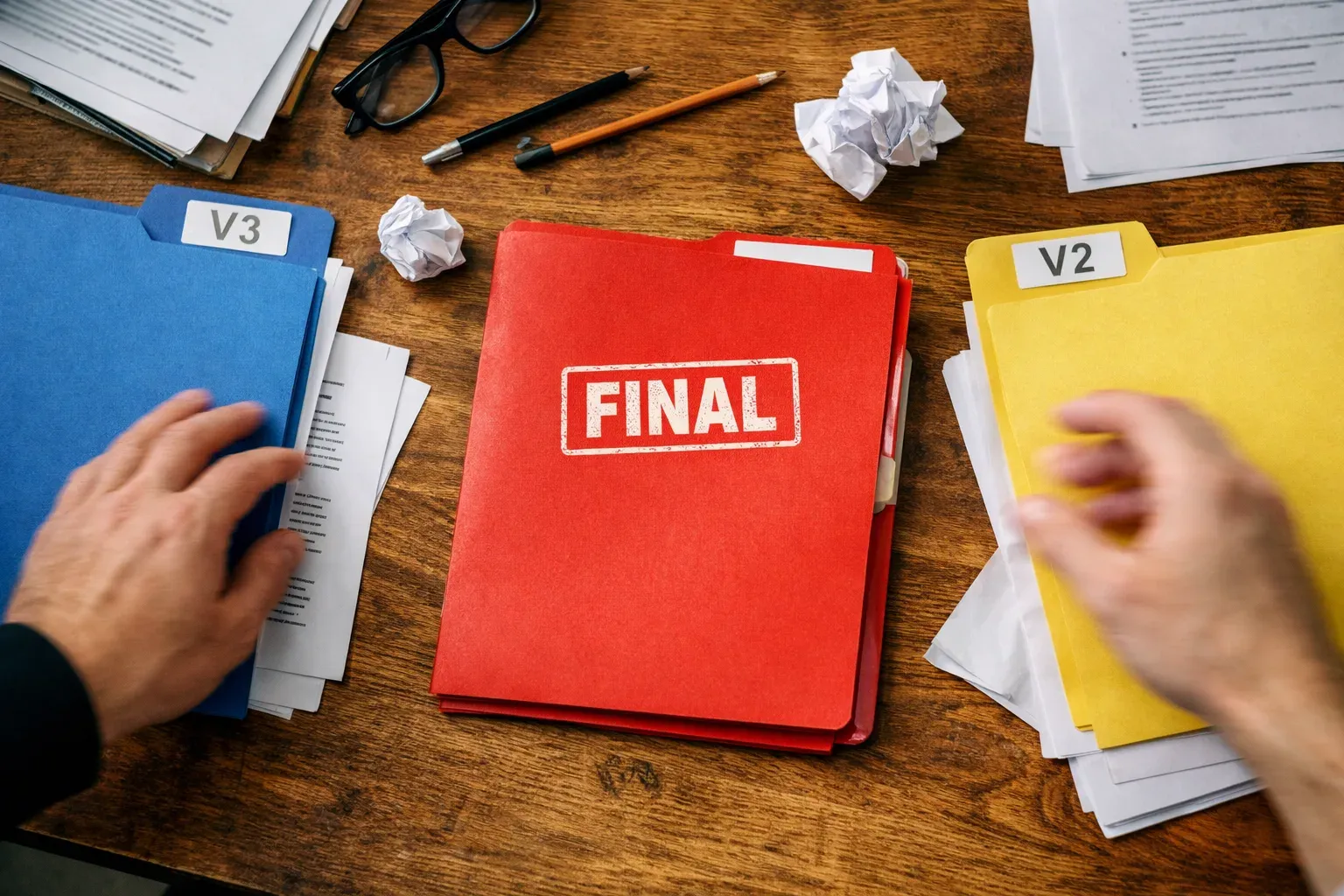 Editorial photograph illustrating Version control prevents the "which file is current?" problem  Most file sharing tools fail when teams start revising the same asset over and over. One person downloads a file, ano