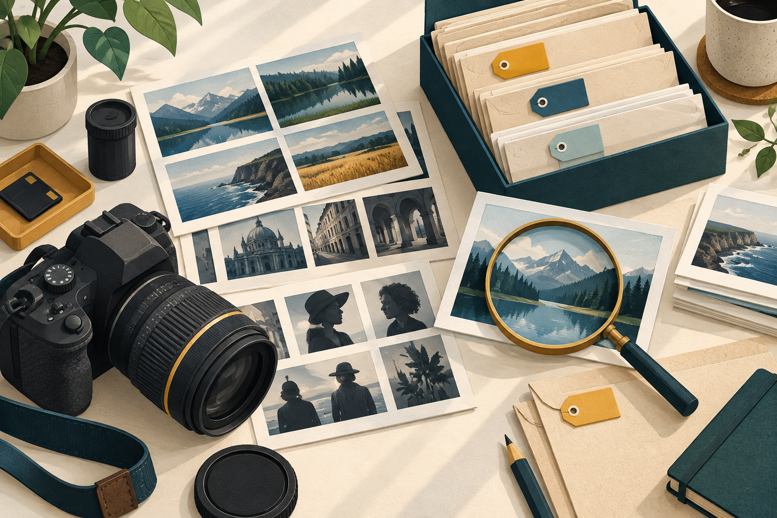 A camera, photographic contact sheets, tagged photo collections, and a magnifying glass arranged on a photographer’s desk.