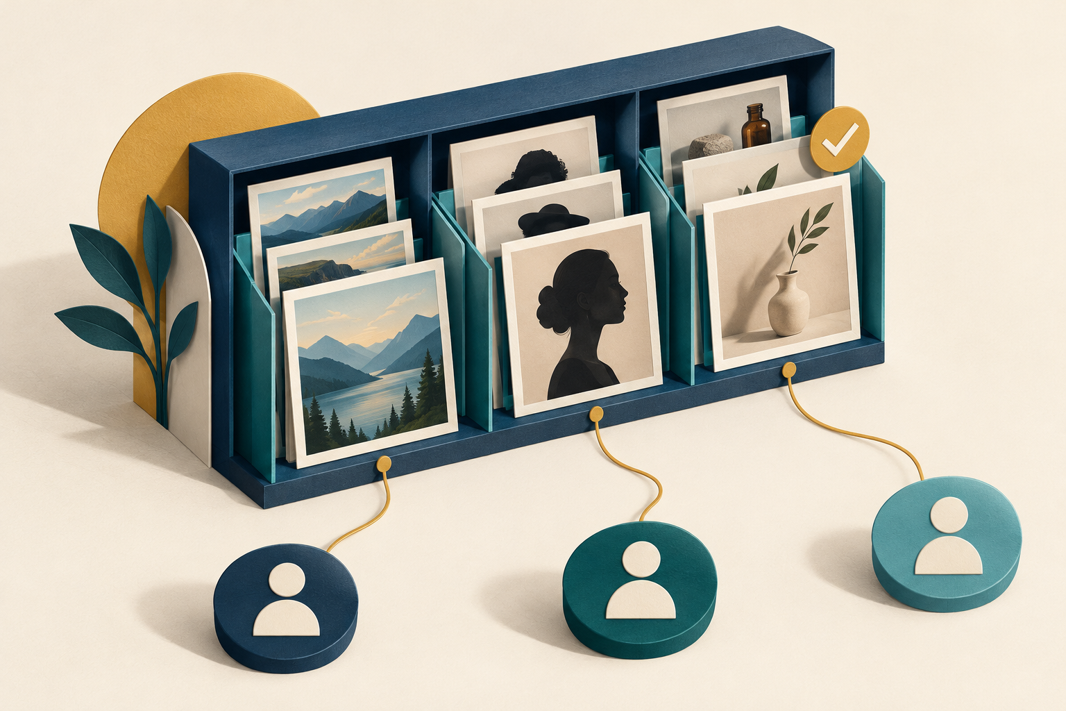 An organized archive of landscape, portrait, and product photographs connects to three team access symbols.
