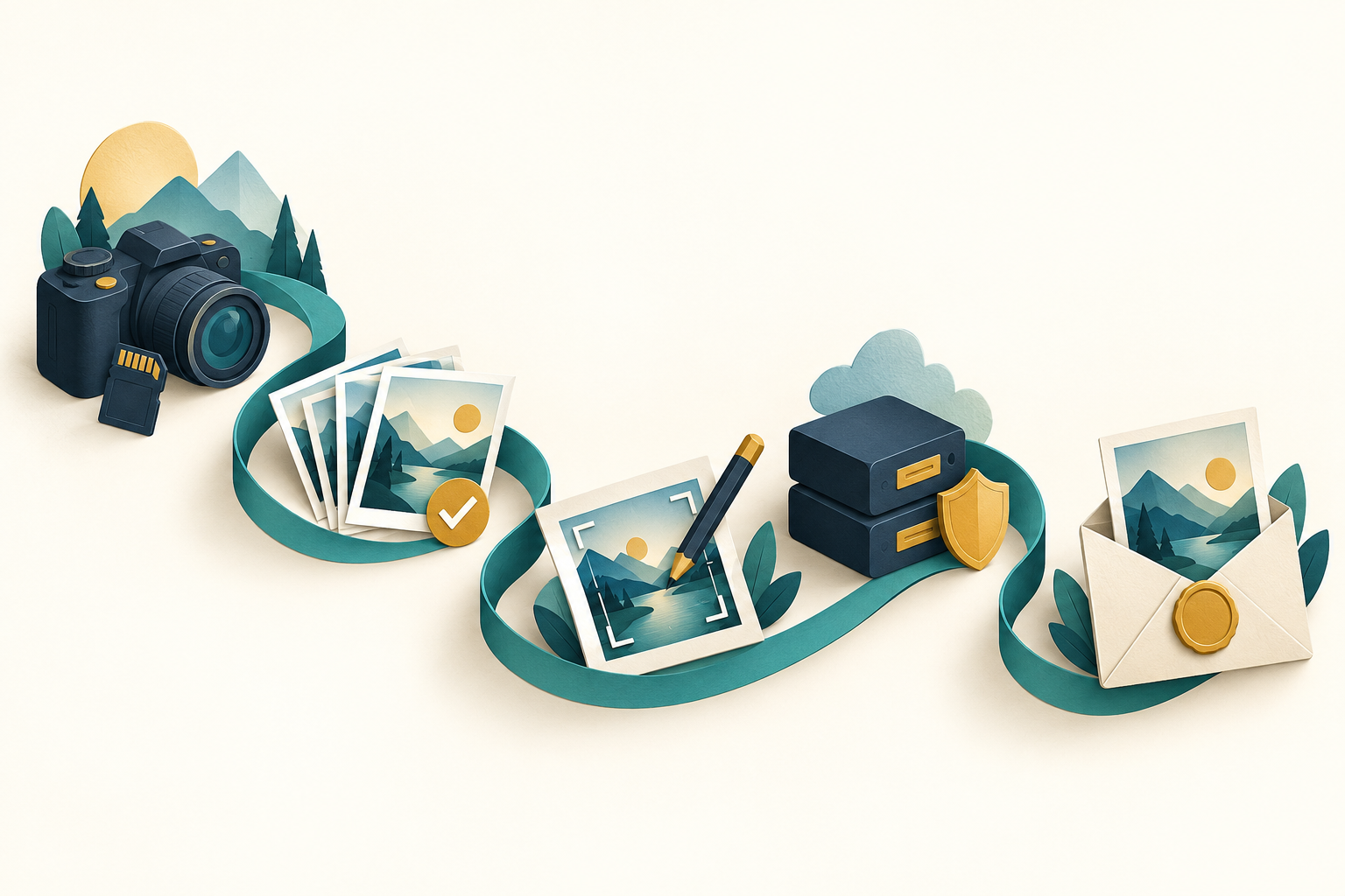 A camera and photo selection flow through editing tools into a protected archive and a client delivery envelope.