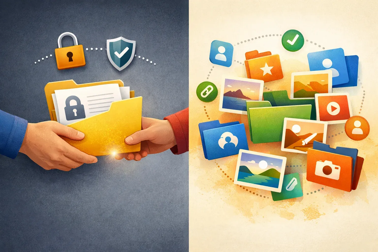Illustration contrasting a secure document handoff with an organized library of reusable digital assets.