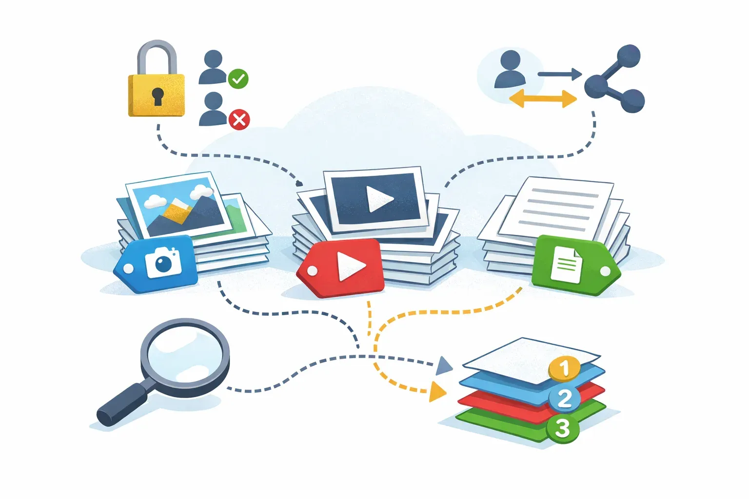 Illustration of digital files organized into a shared library with visual cues for search, versions, permissions, and sharing.