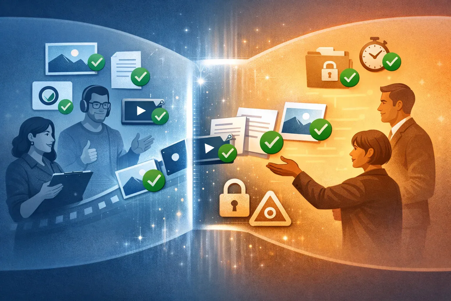 Illustration of a team sharing a selected set of approved assets with an external partner through a controlled access boundary.