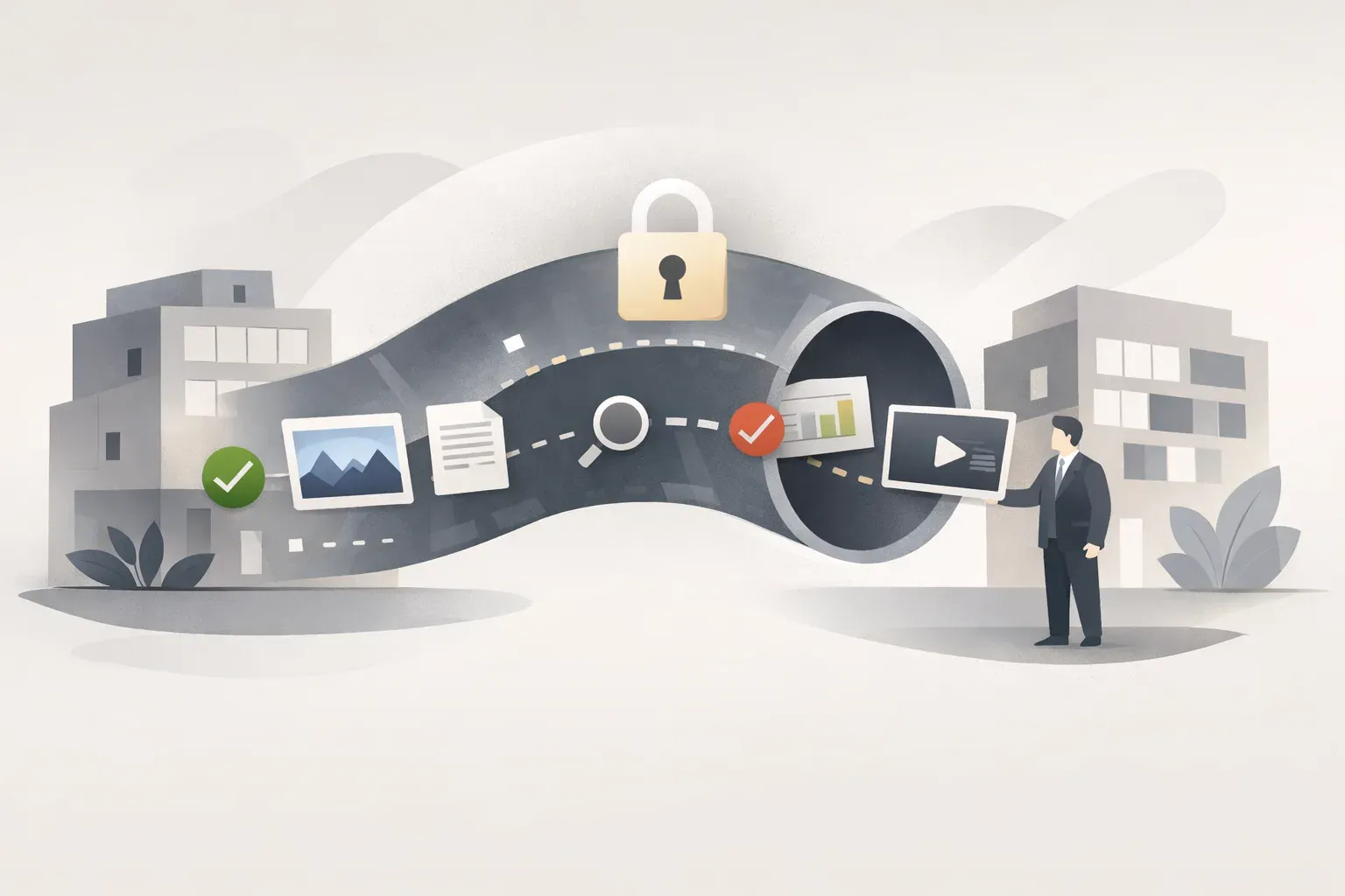 Approved digital assets pass through a controlled sharing pathway between two organizations.
