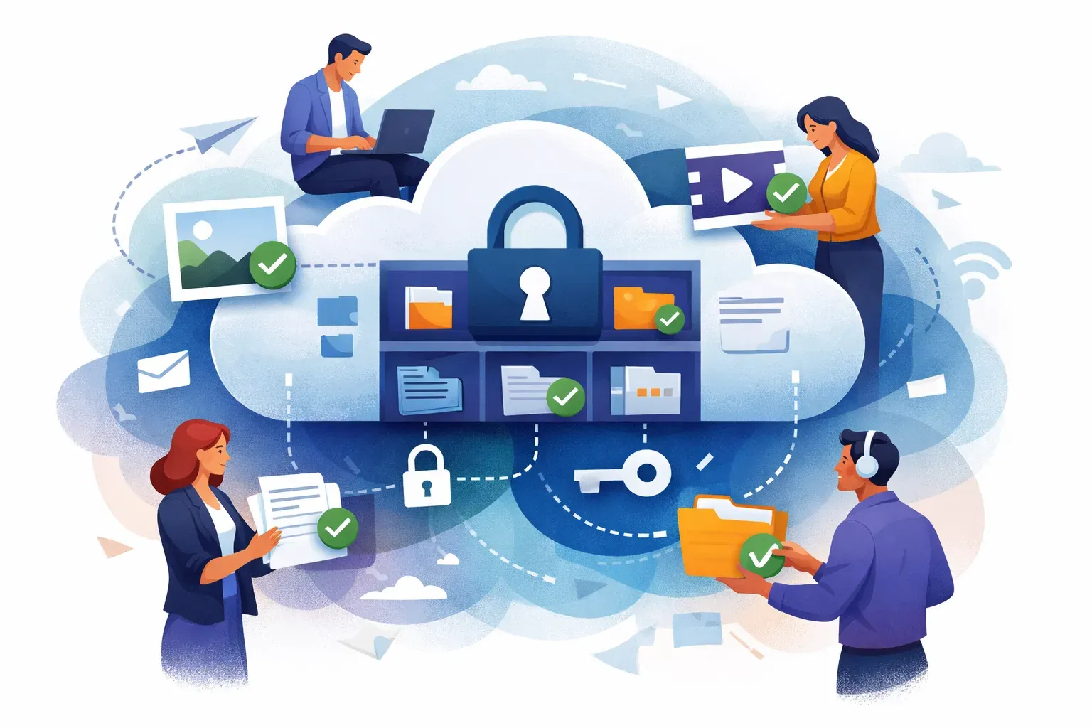 Conceptual illustration of a team organizing digital assets in a shared library and controlling access for collaborators.