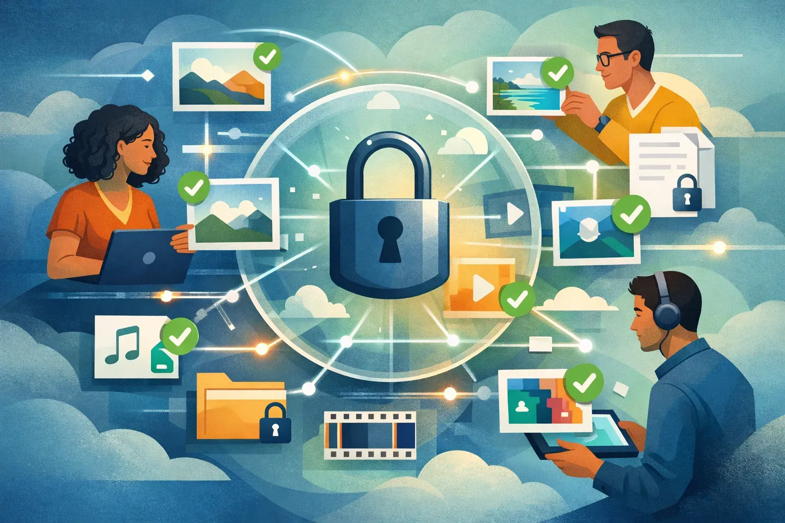 Conceptual illustration of a team organizing digital assets and sharing them securely with controlled access.
