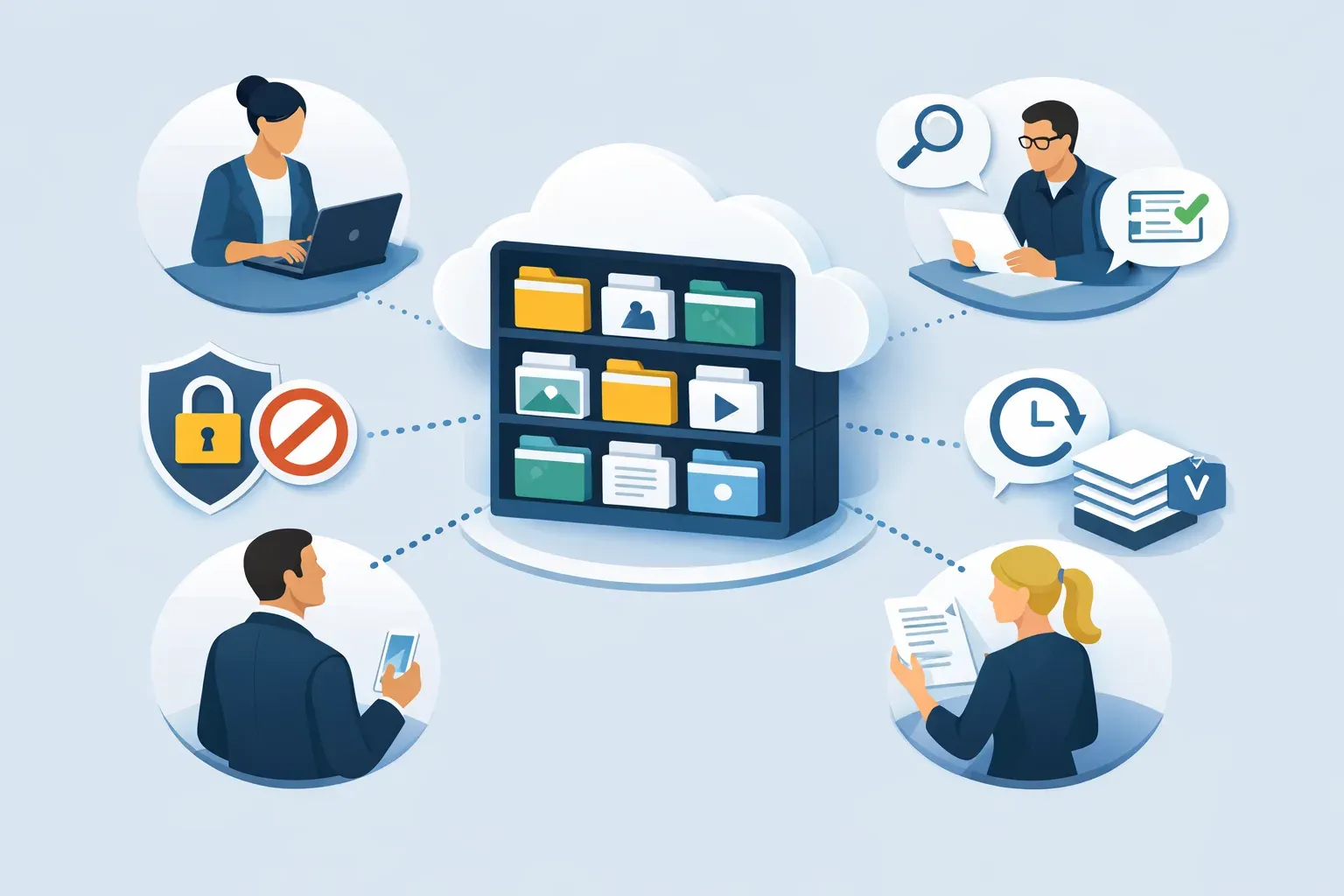 Illustration of a governed digital asset library sharing approved files with collaborators while keeping access and versions controlled.