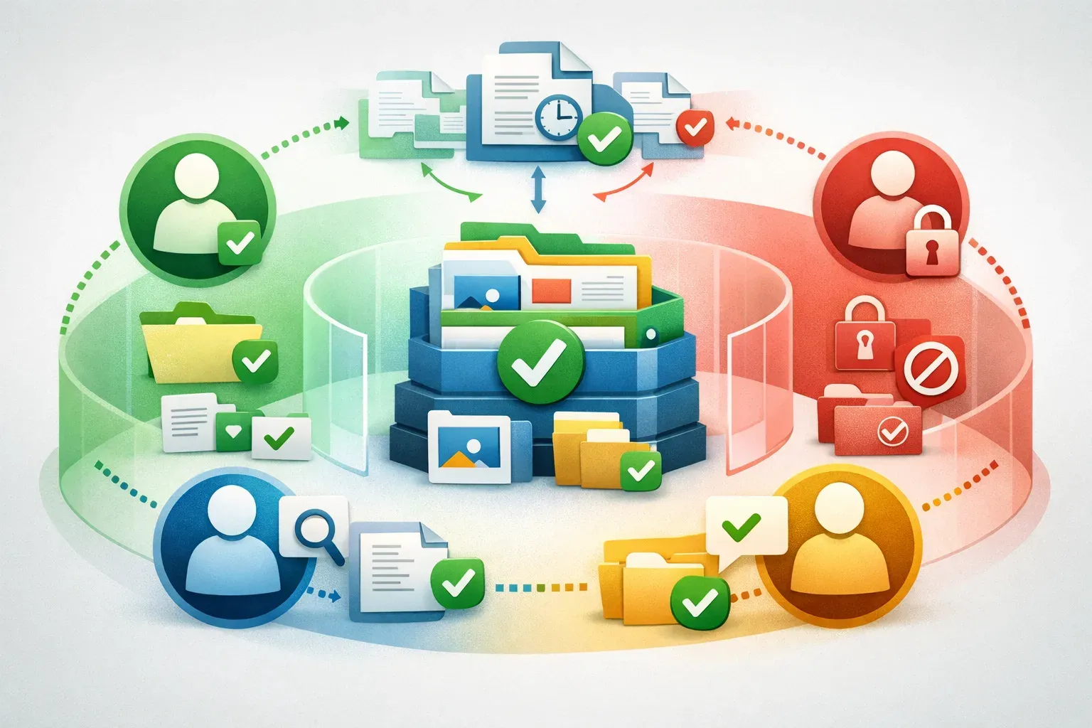 Illustration of organized digital files shared with collaborators through controlled access, with version history and review.