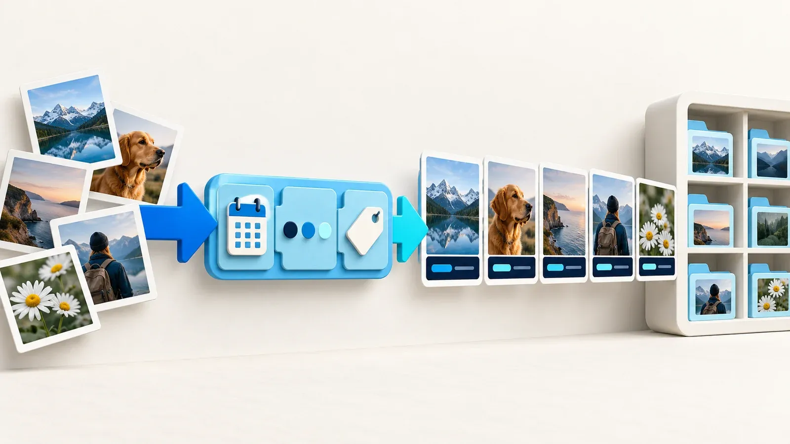 Uploaded photo files pass through a naming template and enter a library with consistent filename labels.