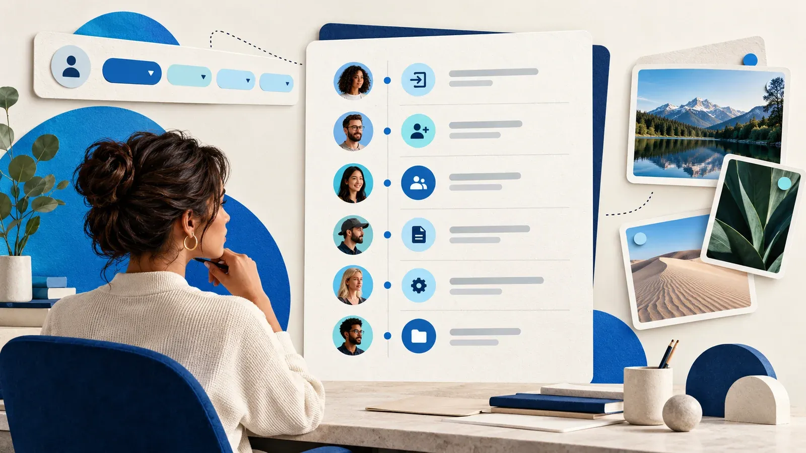 An administrator reviews activity rows grouped by person and action, with sign-in, membership, credential, and folder icons.