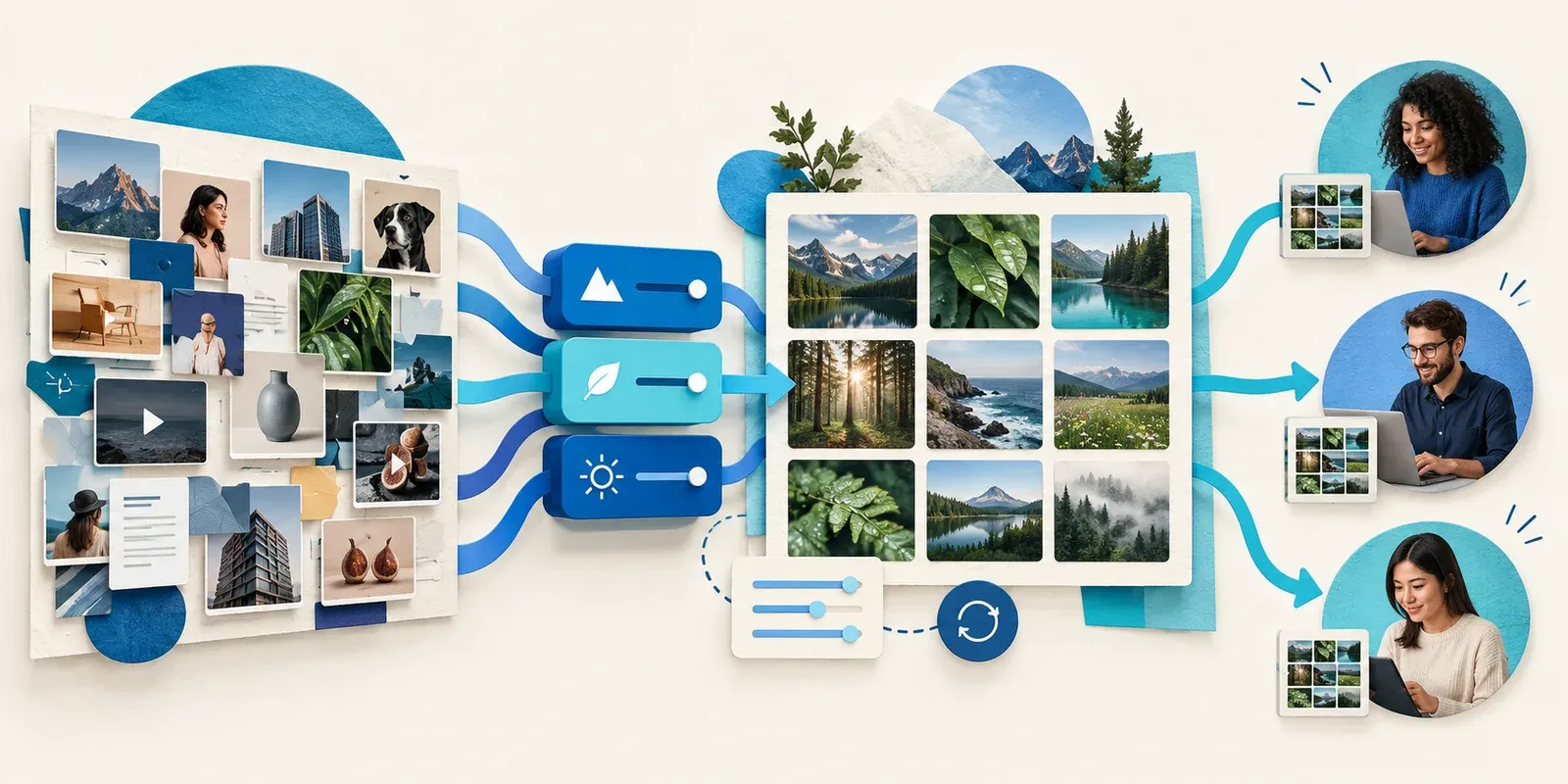 A mixed asset library passes through filter rules into a shared view of matching nature photographs.